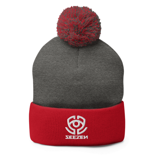 Seezen Pom-Pom Knit Cap (Dark Heather Grey / Red)